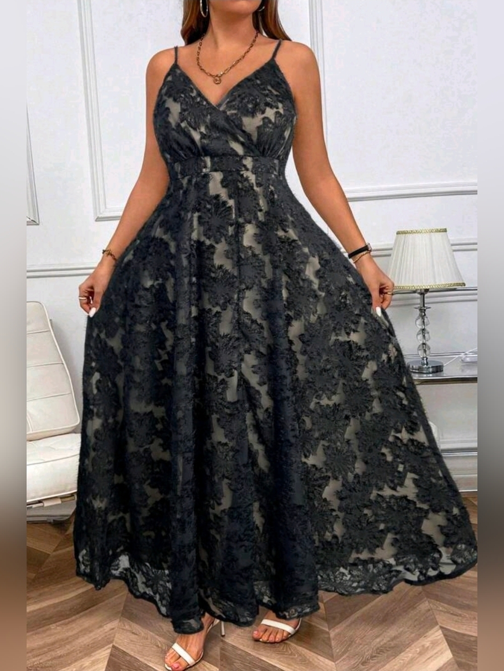 New Textured Floral Jacquard Wrap Top Maxi Cami Dress PLUS Black - Picture 3 of 11